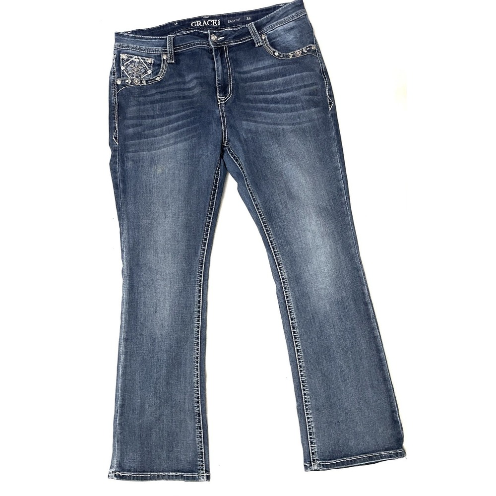 Grace In LA Easy Fit Embroidered Blue Straight Women's Denim Jeans Size 34